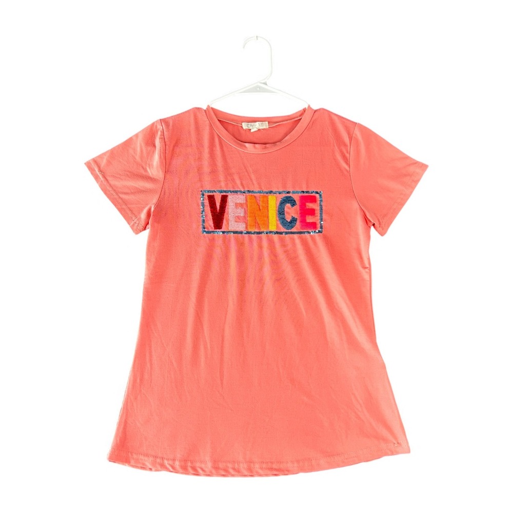 Chic Mi Venice‎ Graphic Sequin Short Sleeve Tunic Top Coral Large